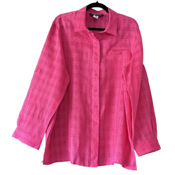 Sag Harbor Tops - Sag Harbor Womens Pink Button Down Linen Shirt L Long/Half Sleeve Casual Vacay